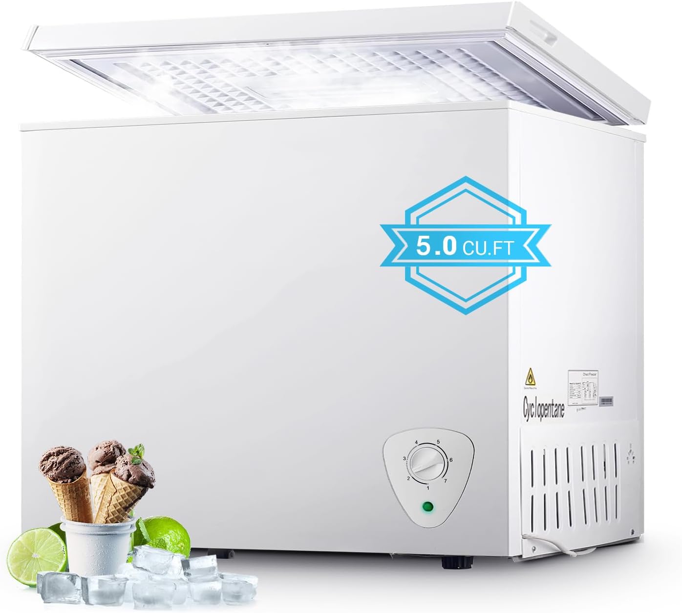 Chest Freezer, Deep Freezer 5 Cubic Feet with Removable Baskets & 7 Adjustable Temperature & Top Open Door, White Mini Deep Freezer Compact Freezer Suitable for Apartments(Down to -11°F)