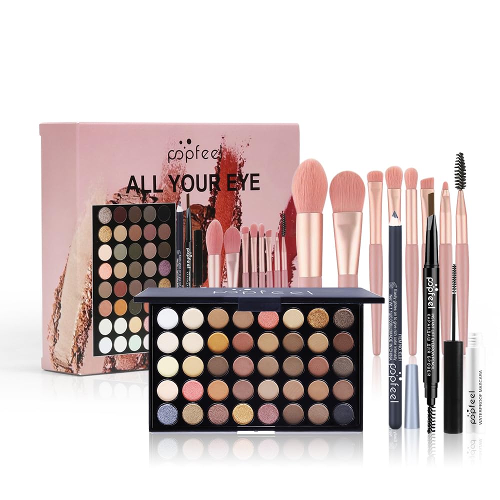 All in One Eyeshadow Palette Makeup Set, Makeup Kits with Makeup Brush Set, Mascara, Eyebrow Pen,Travel Makeup Bundle Holiday Surprising Makeup Gift Box for Women Girls, Vegan, Maquillage