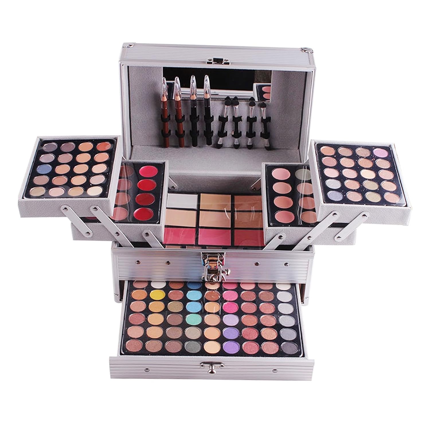 Cosmetic Make up Palette Set Kit Aluminum Makeup Case Eyeshadow Palette with Makeup Box for Salon Wedding, Argent